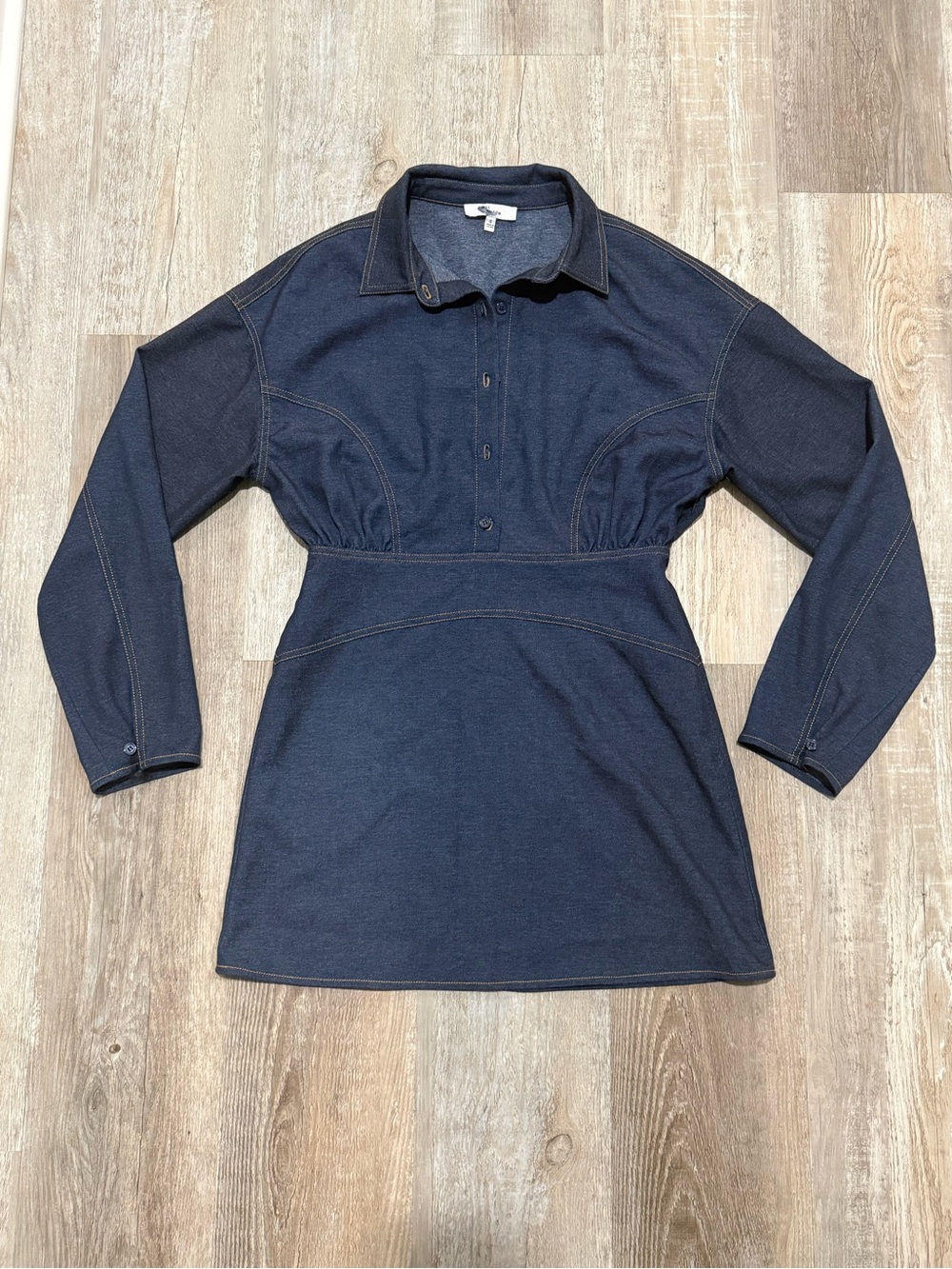 Long-Sleeve Navy Polo Shirt Dress with Structured Waist